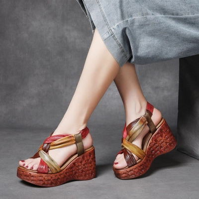 Jishu 2023 handmade retro leather color blocking leaky toe high-heeled sandals 02