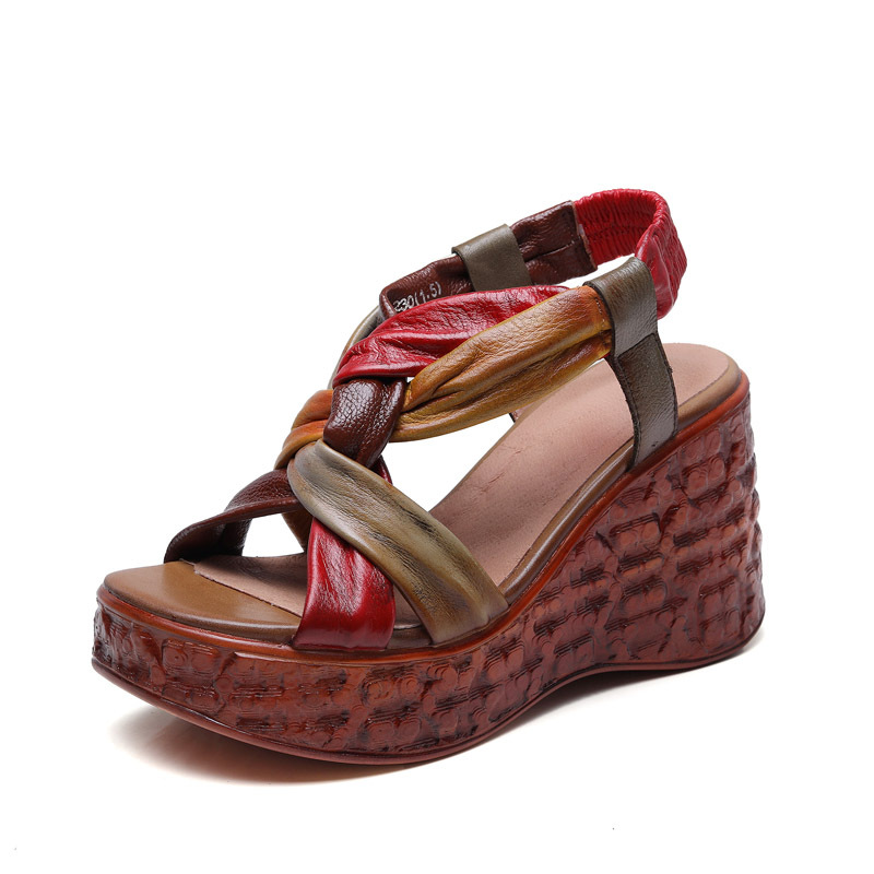 Jishu 2023 handmade retro leather color blocking leaky toe high-heeled sandals