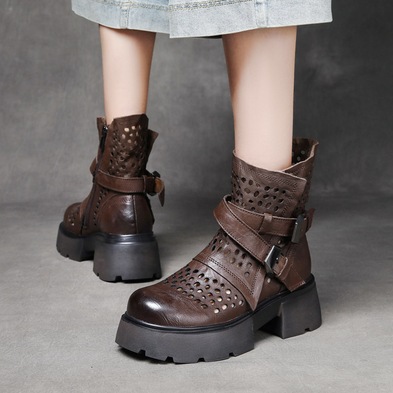 Jishu 24 head cowhide hollow mid-calf women's boots