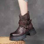 Jishu 24 head cowhide hollow mid-calf women's boots