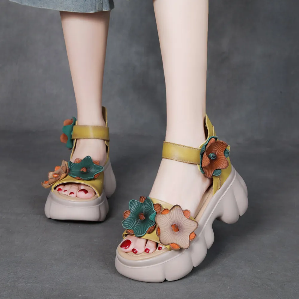 Jishu 24 summer head layer cowhide retro flower high heel leaky toe sandals