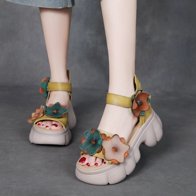 Jishu 24 summer head layer cowhide retro flower high heel leaky toe sandals 01