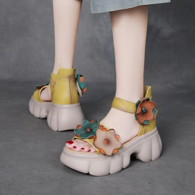 Jishu 24 summer head layer cowhide retro flower high heel leaky toe sandals 02