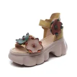 Jishu 24 summer head layer cowhide retro flower high heel leaky toe sandals