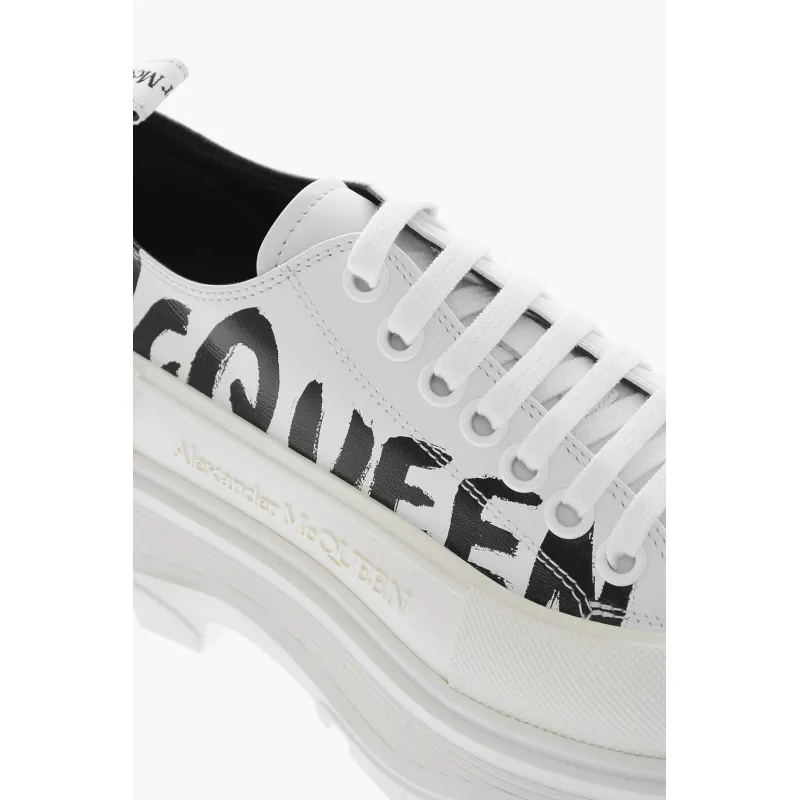 Alexander McQueen Tread Slick Low Lace Up Leather Graffiti White Black White 682423WIABD9488