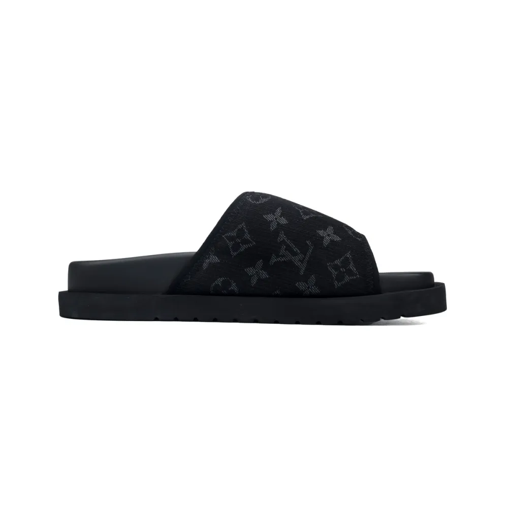 LOUIS VUITTON Miami Velcro Flip Flops Black denim fabricslide