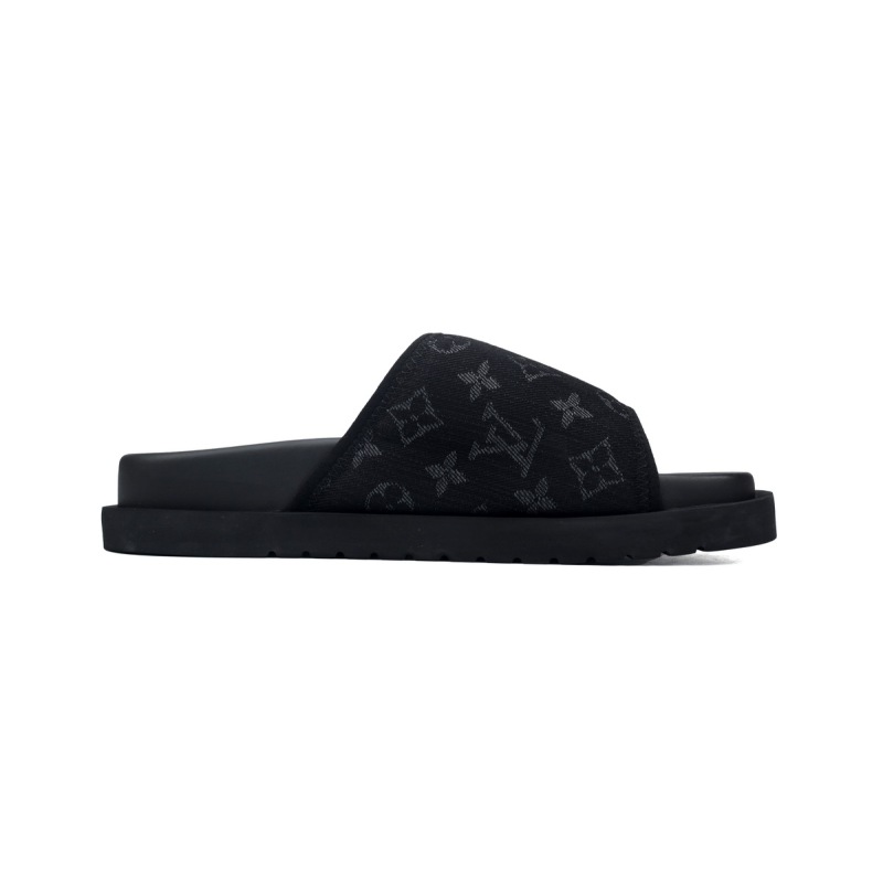 LOUIS VUITTON Miami Velcro Flip Flops Black denim fabricslide