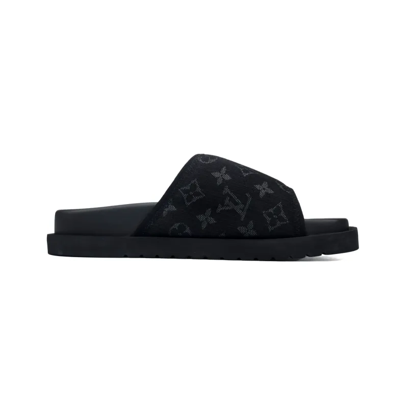LOUIS VUITTON Miami Velcro Flip Flops Black denim fabricslide