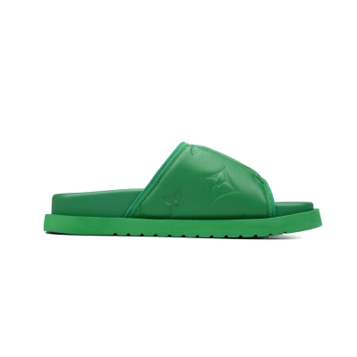 LOUIS VUITTON Miami Velcro Flip Flops Green embossingslide 02