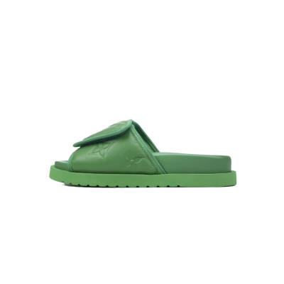 LOUIS VUITTON Miami Velcro Flip Flops Green embossingslide 01