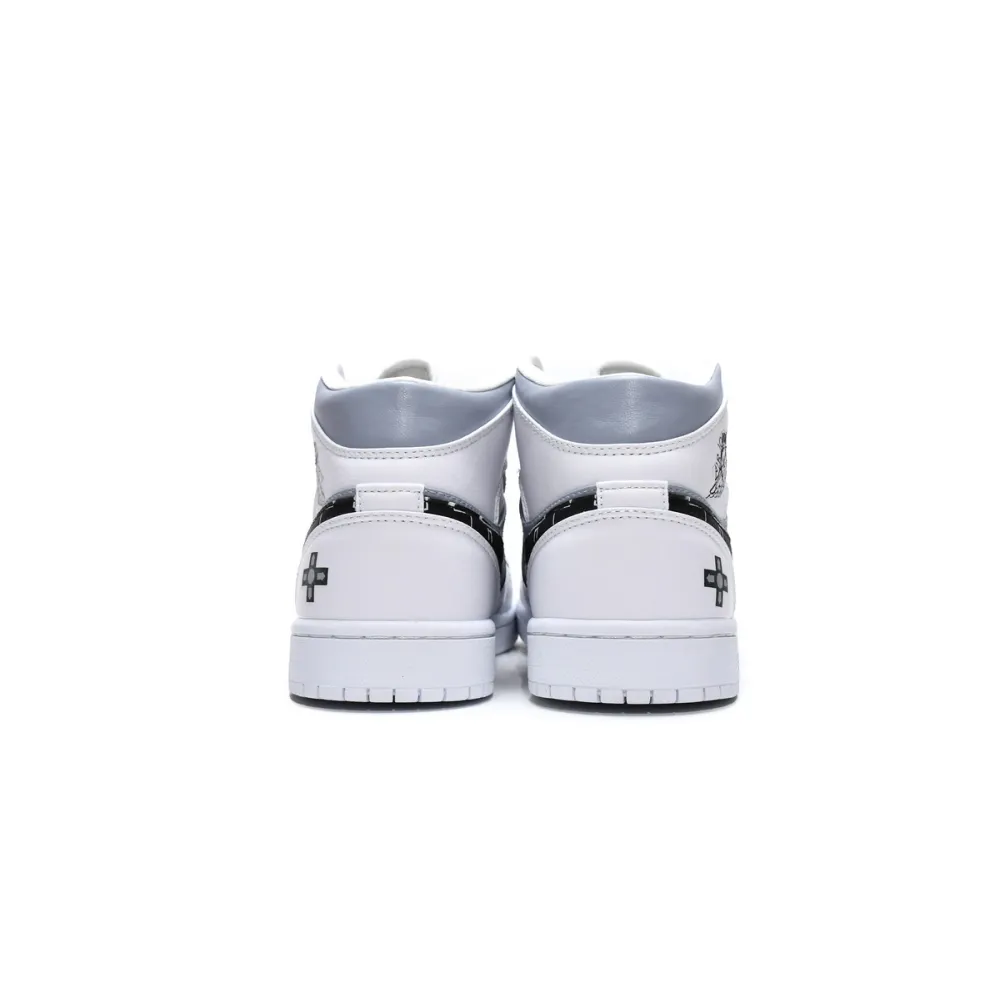  Air Jordan 1 Mid PS5 White Grey Black   554724-130