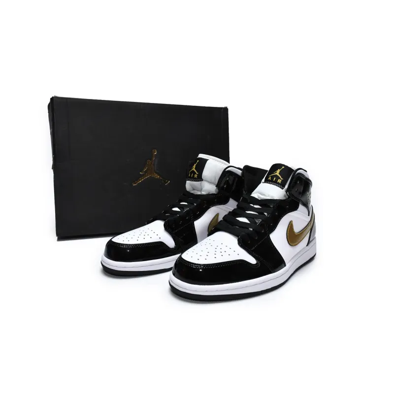 Air Jordan 1 Mid Patent Black White Gold  852542-007 
