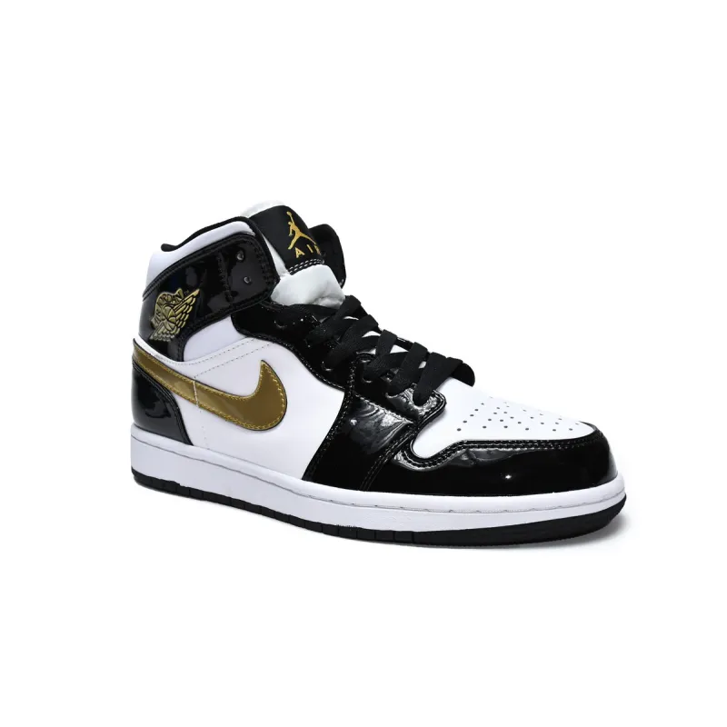 Air Jordan 1 Mid Patent Black White Gold  852542-007 