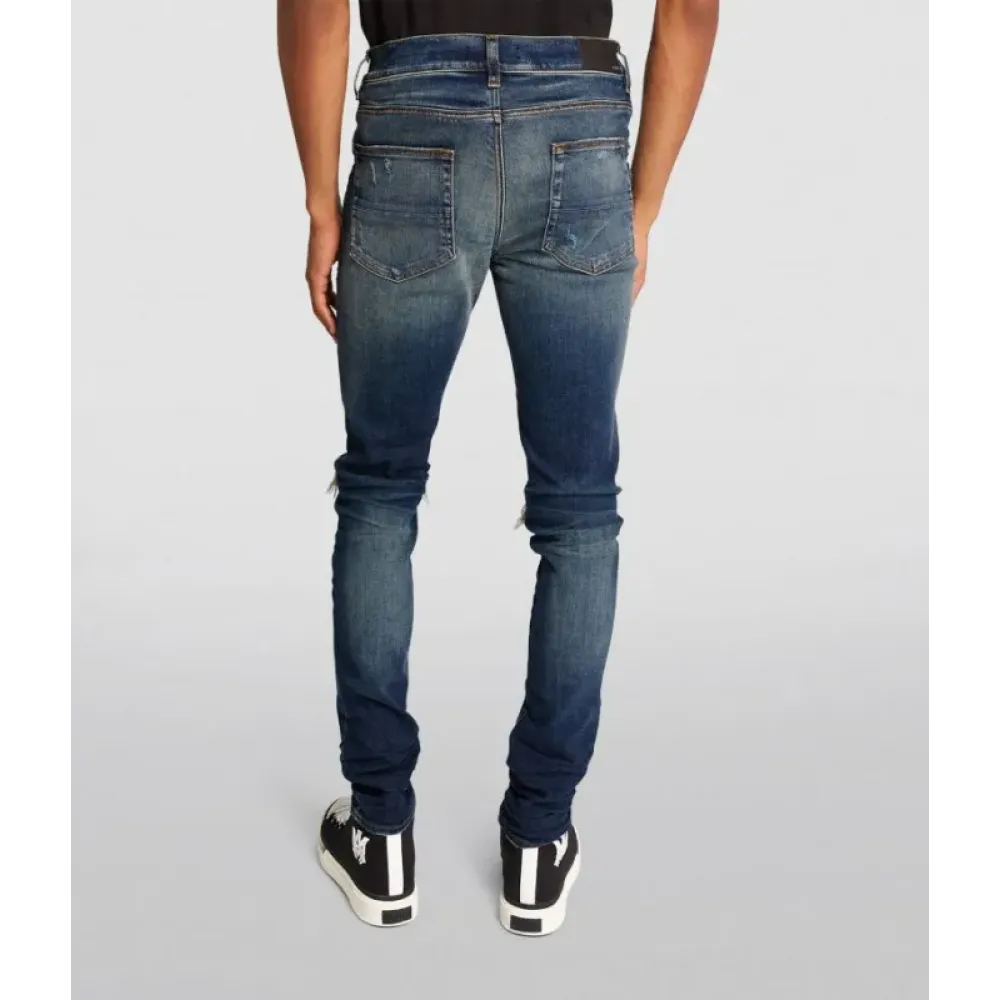 AMIRI Stonewashed Distressed Slim Cut Jeans Deep Classic Blue