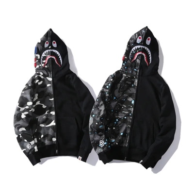 BAPE Space Camo Shark WGM Full-Zip Spliced Hoodie Black & White 01