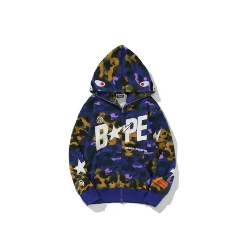 BAPE x Heron Preston Mix 1st Camo Shark Relaxed Fit Full Zip Hoodie Purple
