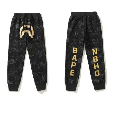 BAPE x NBHD joint style shark head black and gold trousers 01