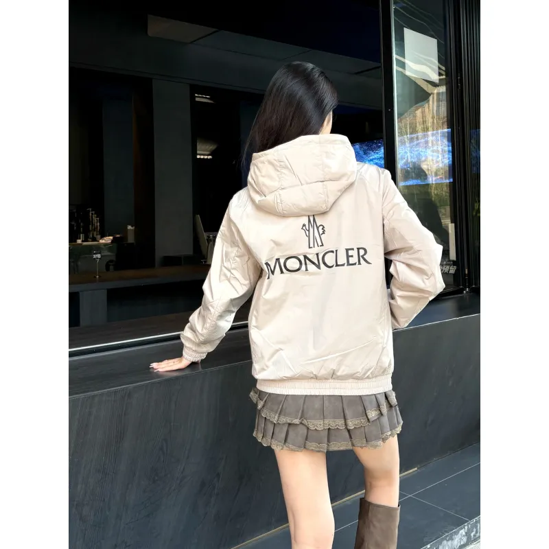 Moncler Cotton Hooded Jacket With Front And Rear Lettering Logo Khaki