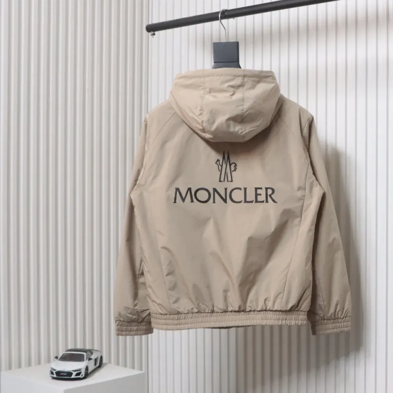 Moncler Cotton Hooded Jacket With Front And Rear Lettering Logo Khaki