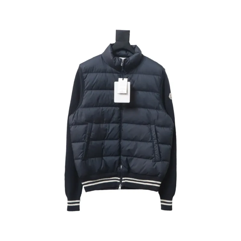 Moncler Spliced ​Woolen Sleeves Stand Collar Thin Down Jacket Blue