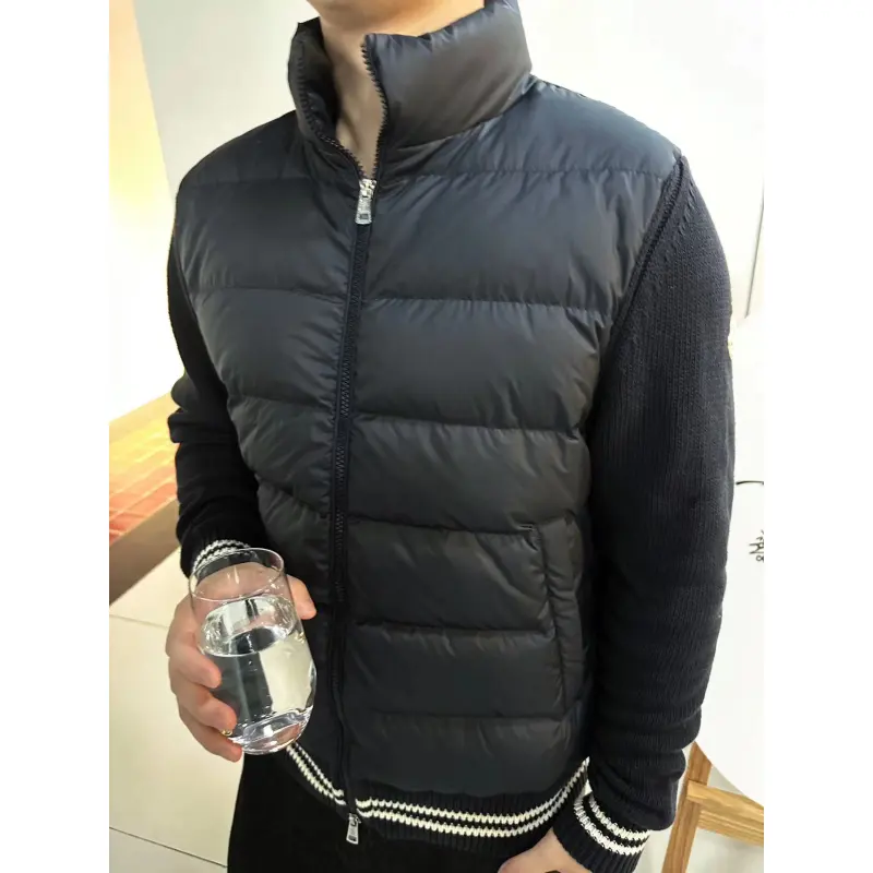Moncler Spliced ​Woolen Sleeves Stand Collar Thin Down Jacket Blue