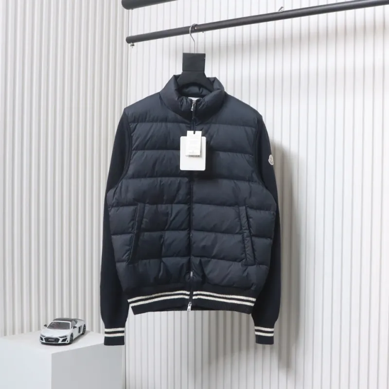 Moncler Spliced ​Woolen Sleeves Stand Collar Thin Down Jacket Blue