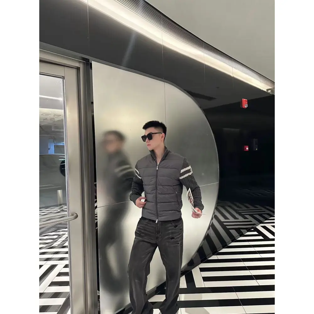 Moncler Spliced ​Woolen Sleeves Stand Collar Thin Down Jacket Grey