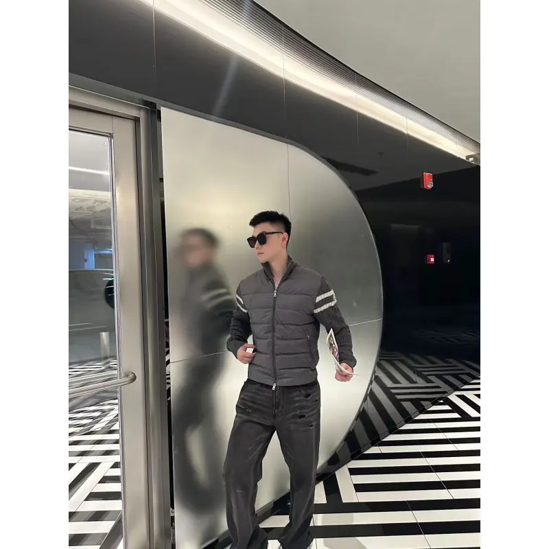 Moncler Spliced ​Woolen Sleeves Stand Collar Thin Down Jacket Grey
