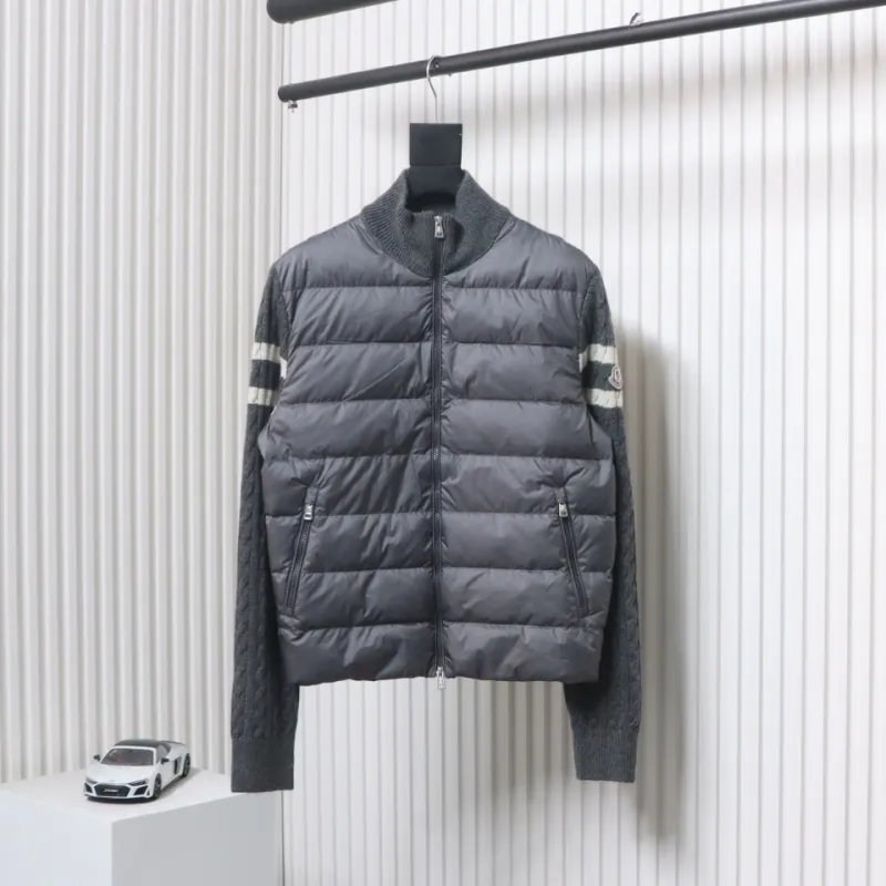 Moncler Spliced ​Woolen Sleeves Stand Collar Thin Down Jacket Grey
