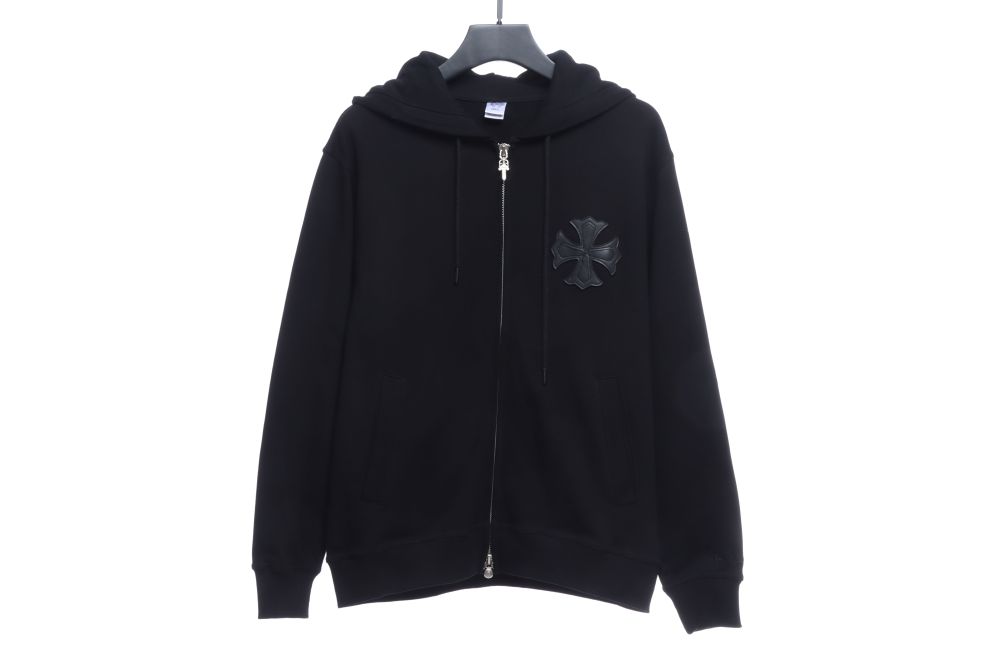CHROME HEARTS Black Leather Cross Zip Up Hoodie