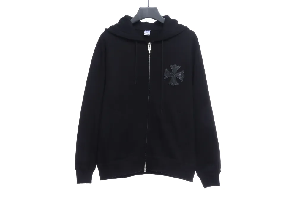 CHROME HEARTS Black Leather Cross Zip Up Hoodie