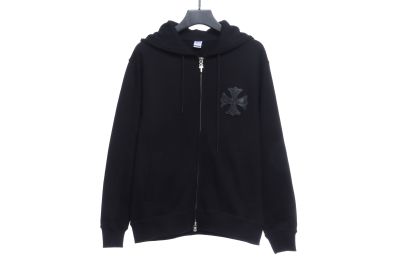 CHROME HEARTS Black Leather Cross Zip Up Hoodie 01