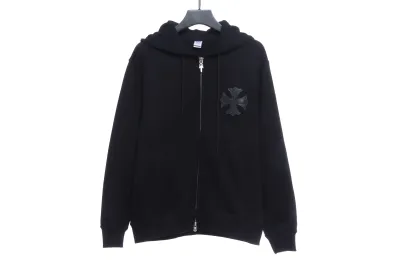 CHROME HEARTS Black Leather Cross Zip Up Hoodie 01
