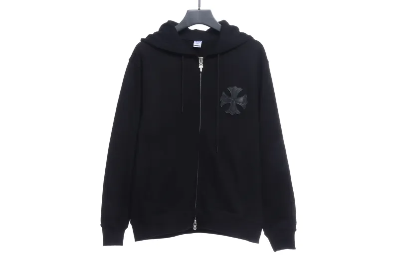 CHROME HEARTS Black Leather Cross Zip Up Hoodie