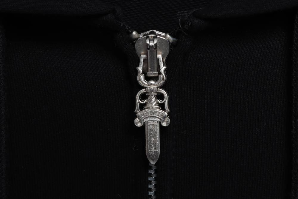 CHROME HEARTS Black Leather Cross Zip Up Hoodie