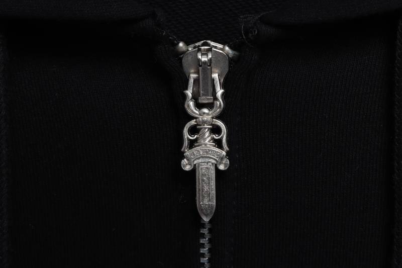 CHROME HEARTS Black Leather Cross Zip Up Hoodie