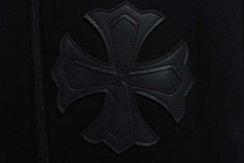 CHROME HEARTS Black Leather Cross Zip Up Hoodie