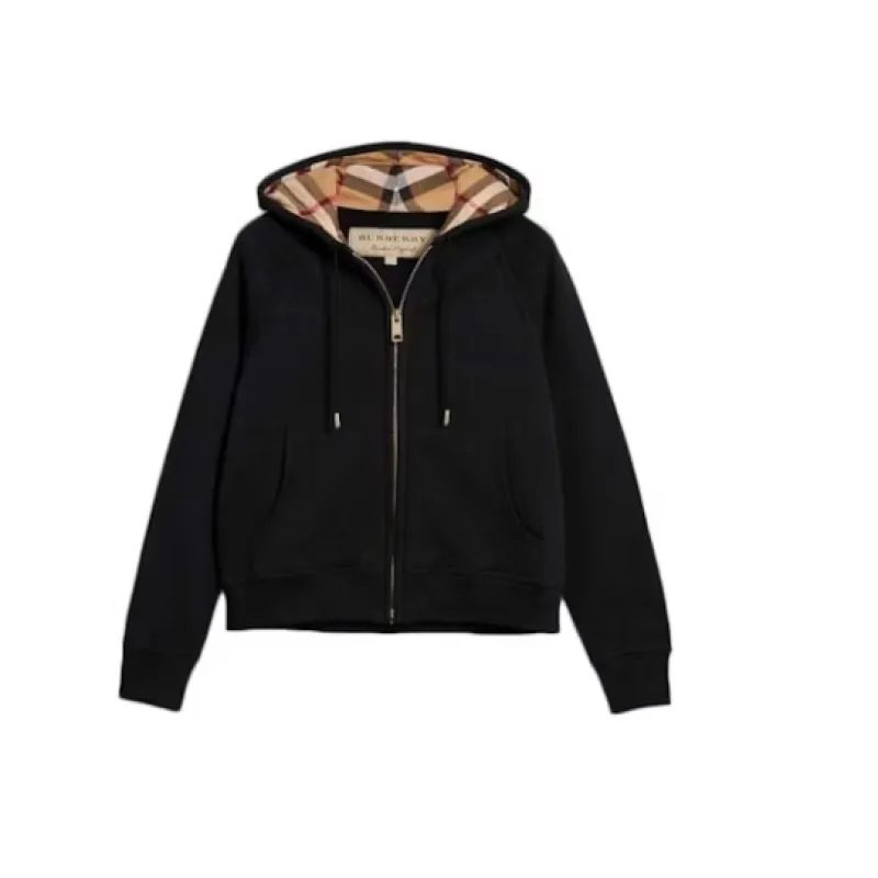 Burberry Zip Up Hoodie With Check Hood Black Archive Beige