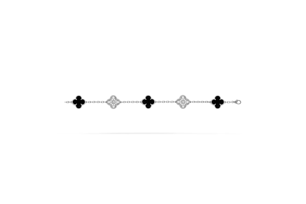 Van Cleef & Arpels White Gold Diamond Onyx Vintage Alhambra bracelet, 5 motifs