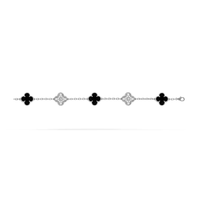 Van Cleef & Arpels White Gold Diamond Onyx Vintage Alhambra bracelet, 5 motifs 02