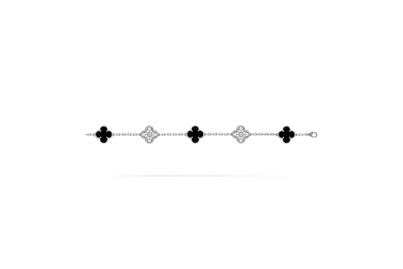 Van Cleef & Arpels White Gold Diamond Onyx Vintage Alhambra bracelet, 5 motifs