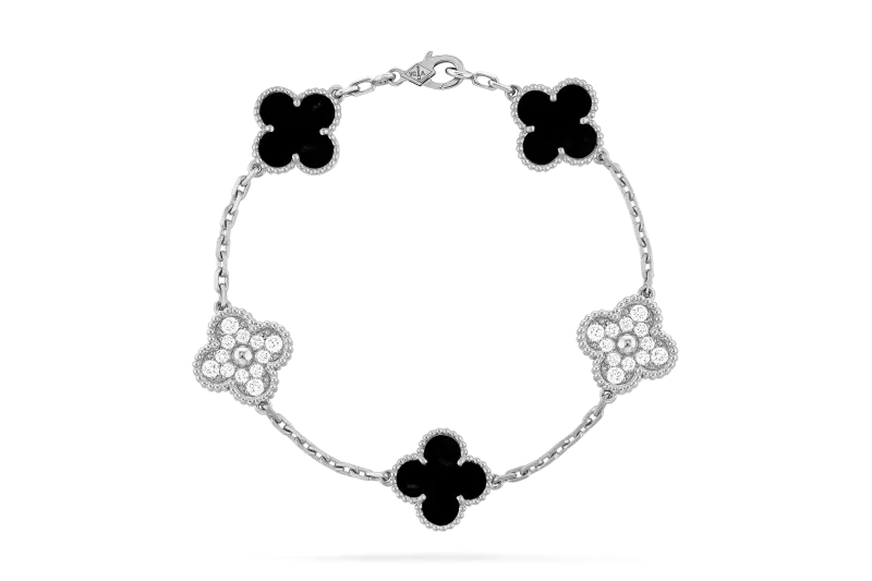 Van Cleef & Arpels White Gold Diamond Onyx Vintage Alhambra bracelet, 5 motifs
