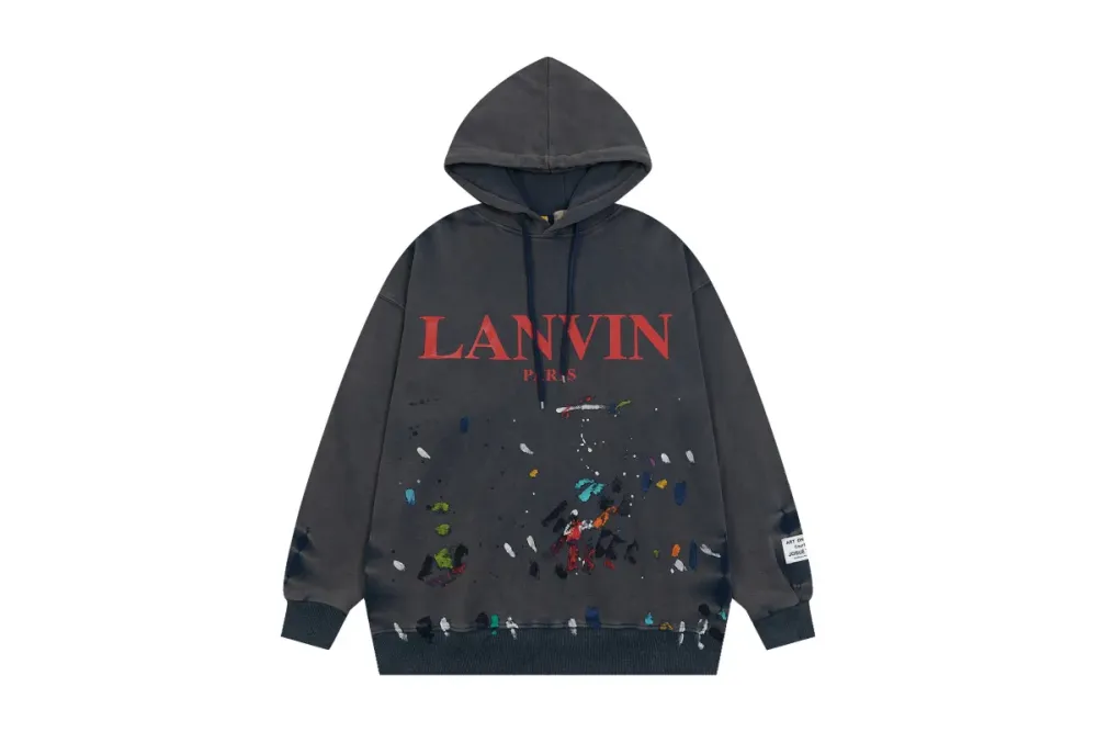 Lanvin x Gallery Dept. Logo Hoodie With A Worn Effect And Paint Marks Navy Blue