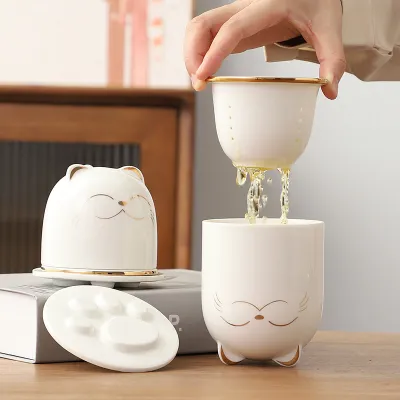 Lucky Cat Tea Cup With Lid Tea Separate Cup 01