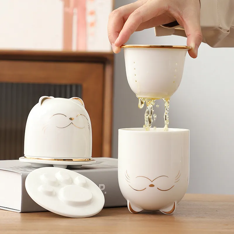 Lucky Cat Tea Cup With Lid Tea Separate Cup