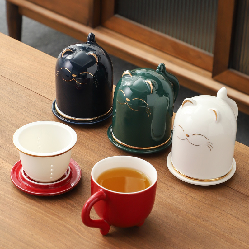 Lucky Cat Tea Cup With Lid Tea Separate Cup