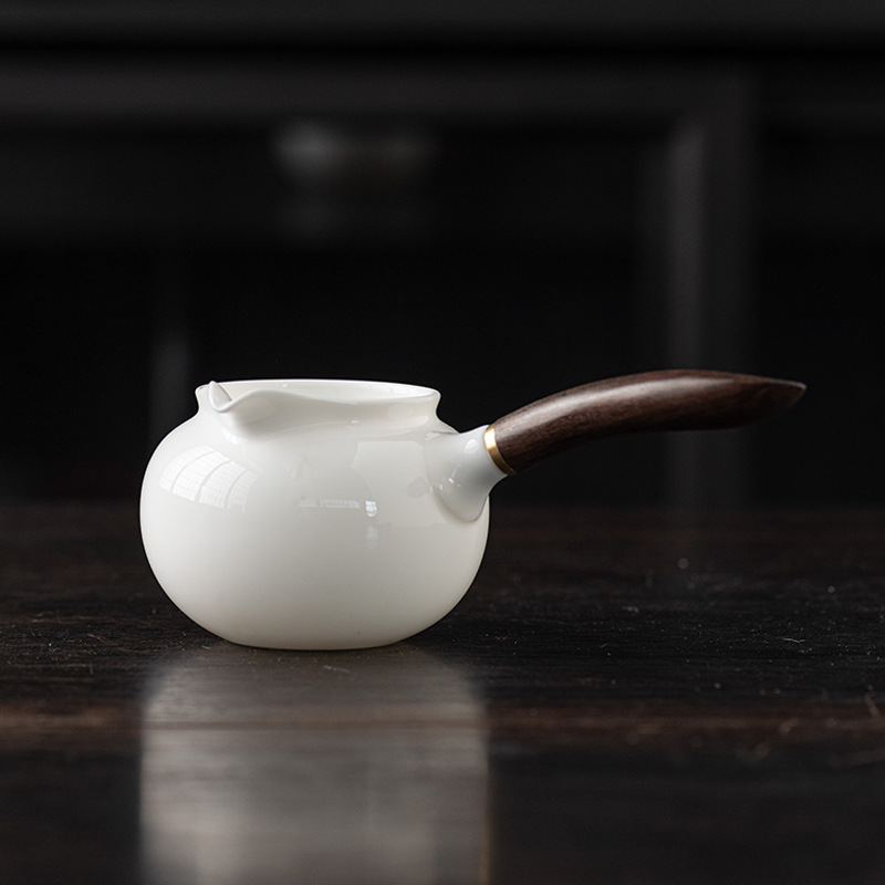 White Jade Porcelain Solid Wood Side Handle Tea Set