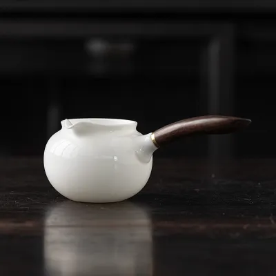 White Jade Porcelain Solid Wood Side Handle Tea Set 01