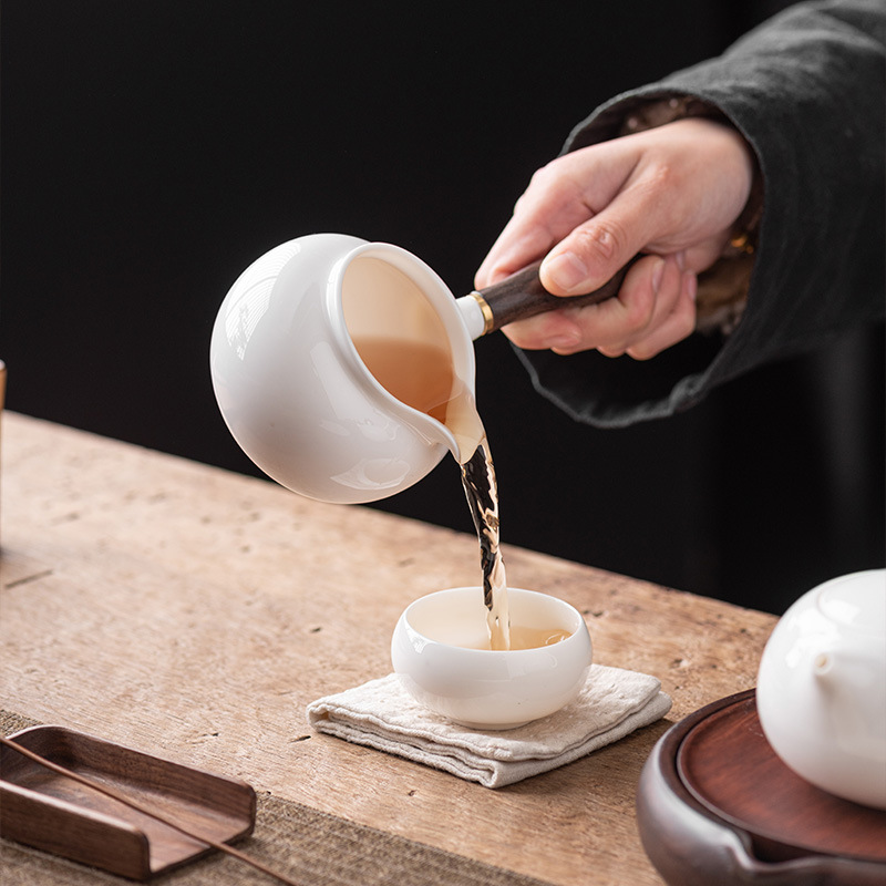 White Jade Porcelain Solid Wood Side Handle Tea Set