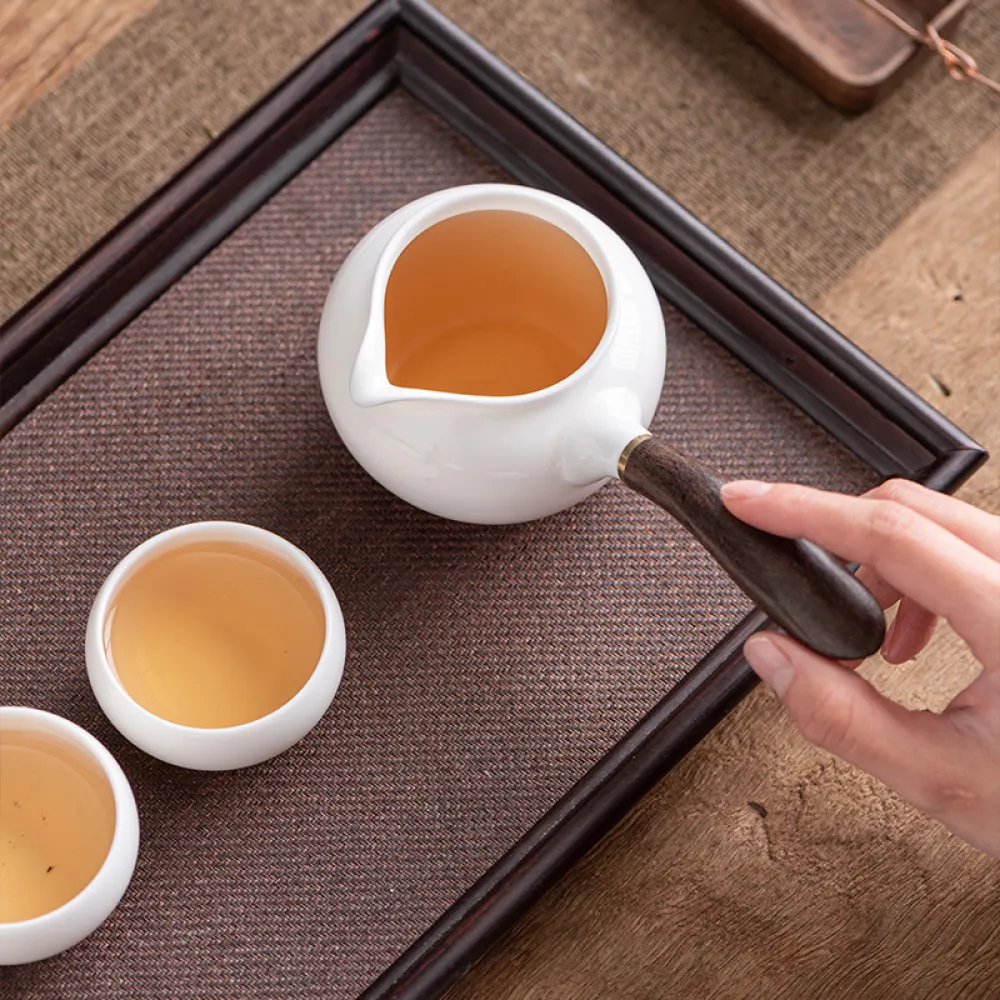 White Jade Porcelain Solid Wood Side Handle Tea Set